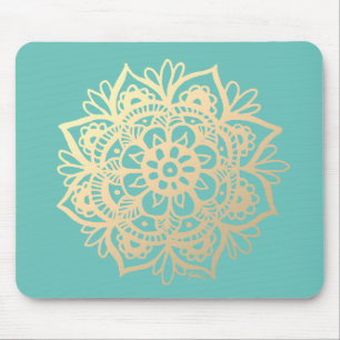 Tapis De Souris Fleur de Mandala Turquoise verte et dorée