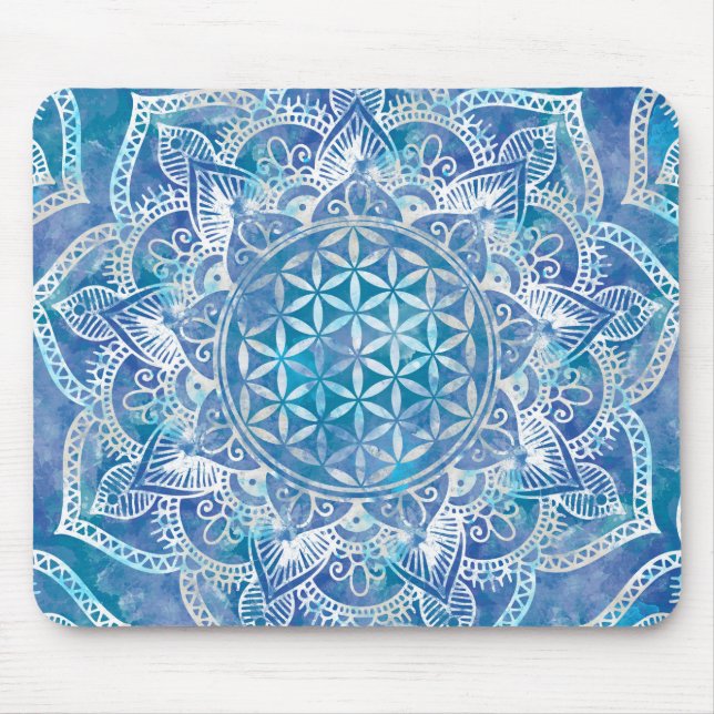 Tapis De Souris Fleur de vie à Lotus - Aquarelle Bleue (Devant)