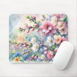 Tapis De Souris Fleur d'eau de pluie printanière aquarelle Cottage
