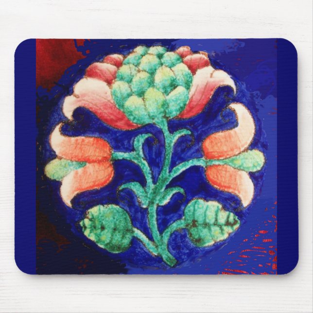 Tapis De Souris Fleur Imaginaire stylisée BLEU ROSE VERT (Devant)