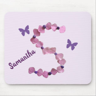 Tapis De Souris Fleur rose délicate Monogramme S Papillon Floral