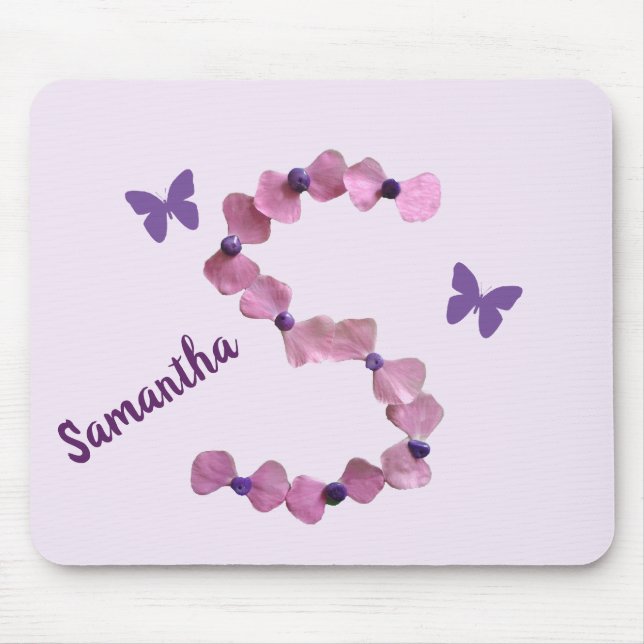 Tapis De Souris Fleur rose délicate Monogramme S Papillon Floral (Devant)