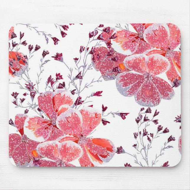 Tapis De Souris Fleur rouge rose sur blanc. (Devant)