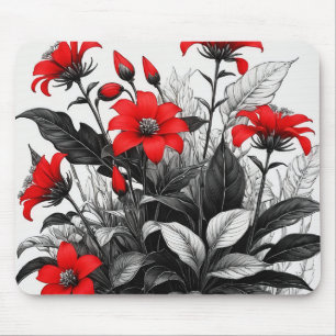 Tapis De Souris Fleur rouge sur Plante noir blanc