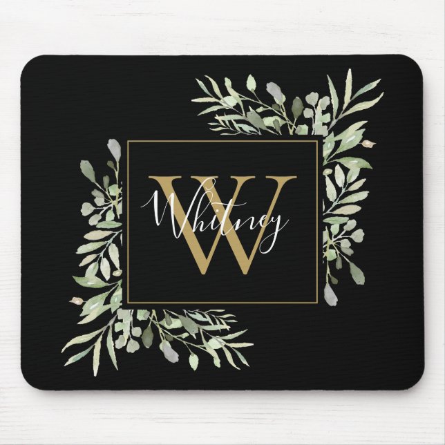 Tapis De Souris Fleurie de verdure Monogramme Or Noir  (Devant)