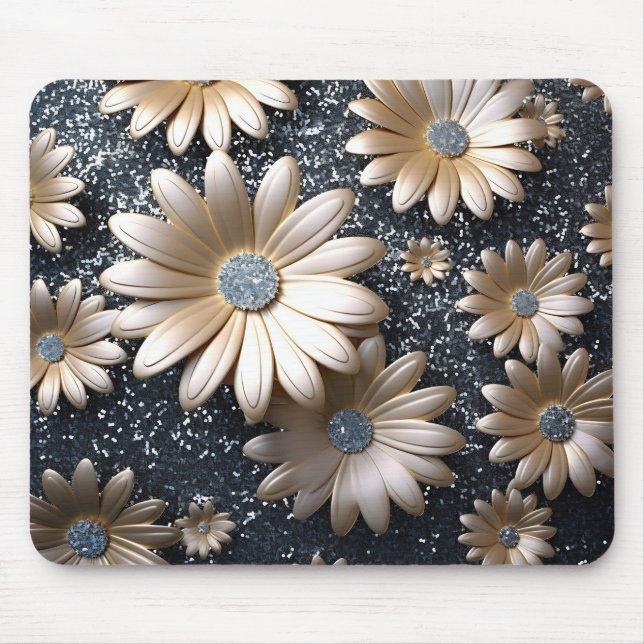 Tapis De Souris Fleurs 3D noires et or élégantes (Devant)