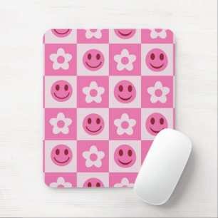 Tapis De Souris Fleurs à carreaux et visages heureux rose 