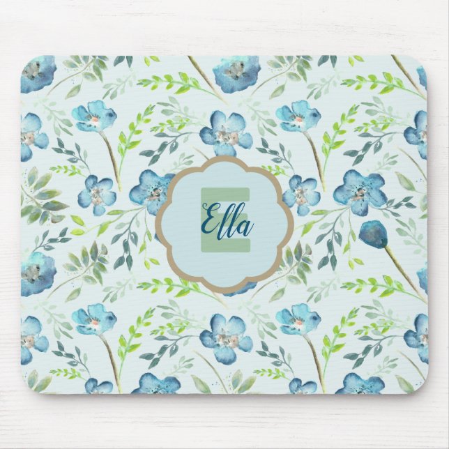 Tapis De Souris Fleurs Aquarelles Bleues Monogrammes Élégantes Boh (Devant)