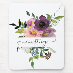 Tapis De Souris Fleurs aquarelles rose et violet personnalisées 