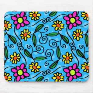 Tapis De Souris Fleurs aux arrière - plans bleus, marguerites rose