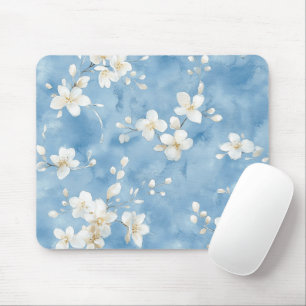 Tapis De Souris Fleurs blanches jolies bleu ciel