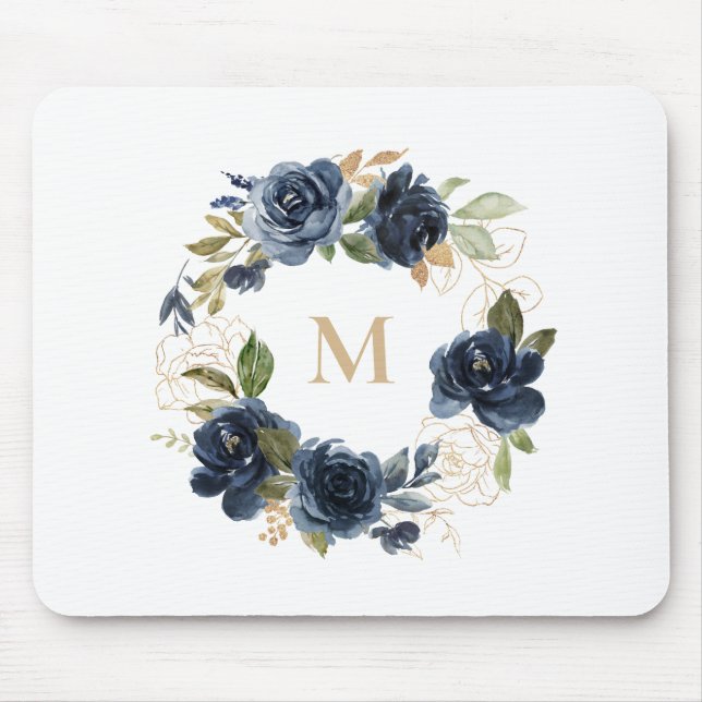Tapis De Souris Fleurs bleues et Feuilles d'huile d'or Monogramme  (Devant)