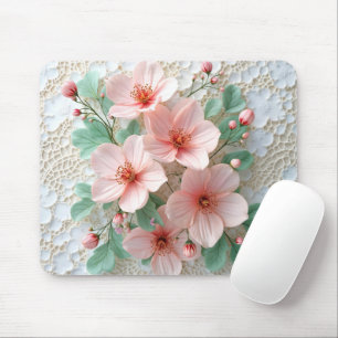 Tapis De Souris Fleurs Cosmos Roses Sur Dentelle Nuptiale