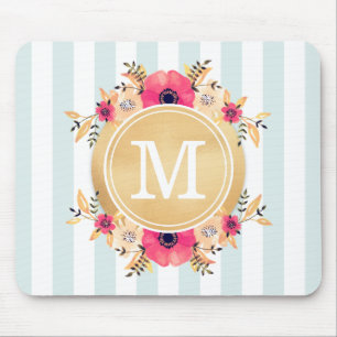 Tapis De Souris Fleurs d'aquarelle à la menthe Faux or Monogramme