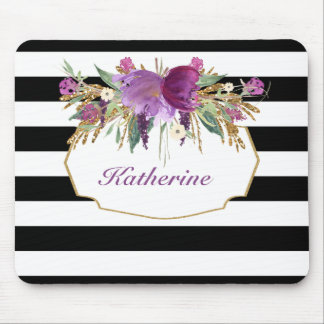 Tapis De Souris Fleurs d'aquarelle violet et or personnalisées
