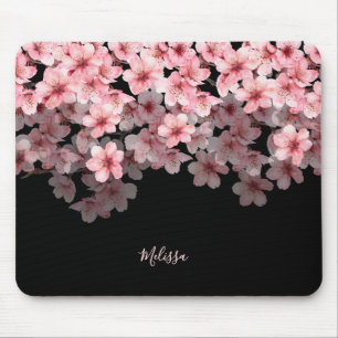 Tapis De Souris Fleurs de cerisier à l'aquarelle Noir Rose   Votre