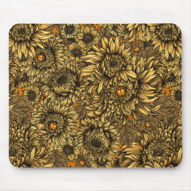 Tapis De Souris Fleurs de chrysanthèmes jaunes et coléoptères oran (Devant)