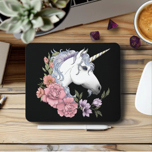 Tapis De Souris Fleurs de licorne blanche enchantée rose noir