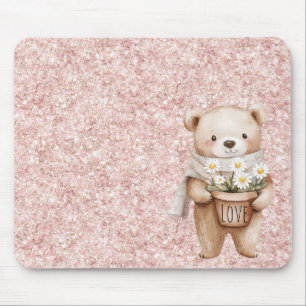 Tapis De Souris Fleurs de pâquerette d'ours doux pailleté rose