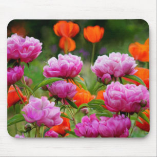 Tapis de souris Fleurs de pivoine roses et pavots