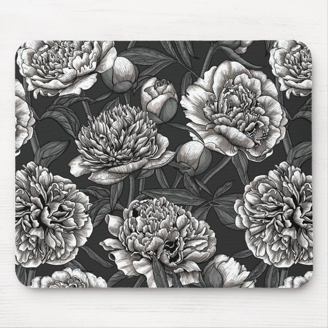 Tapis De Souris Fleurs de pivoines blanches sur gris foncé (Devant)