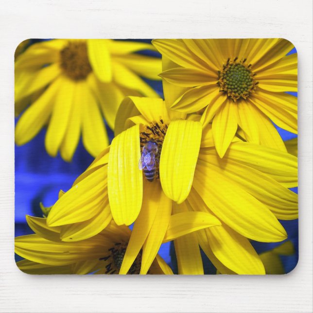 Tapis De Souris Fleurs de soleil jaunes N Bleu Bee Mousepad (Devant)
