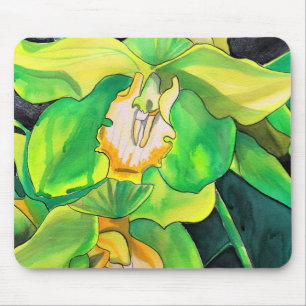 Tapis De Souris Fleurs d'orchidée vertes et jaunes art