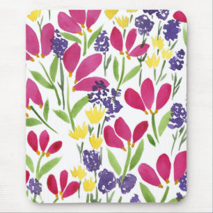 Tapis De Souris Fleurs du jardin Aquarelles rose violet jaune