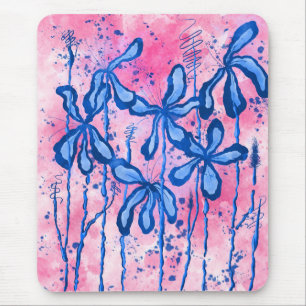 Tapis De Souris Fleurs encrées Abstraites Rose Bleu