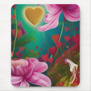 Tapis De Souris Fleurs et Coeurs rouges et roses