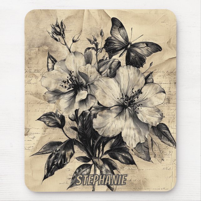Tapis De Souris Fleurs et papillons rustiques - Papier vieilli (4) (Devant)