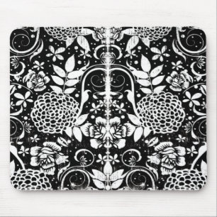Tapis De Souris Fleurs florales noires et blanches Mousepad