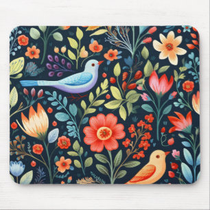 Tapis De Souris Fleurs folkloriques et oiseaux