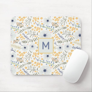 Tapis De Souris Fleurs monogrammes Bleu Jaune Motif botanique