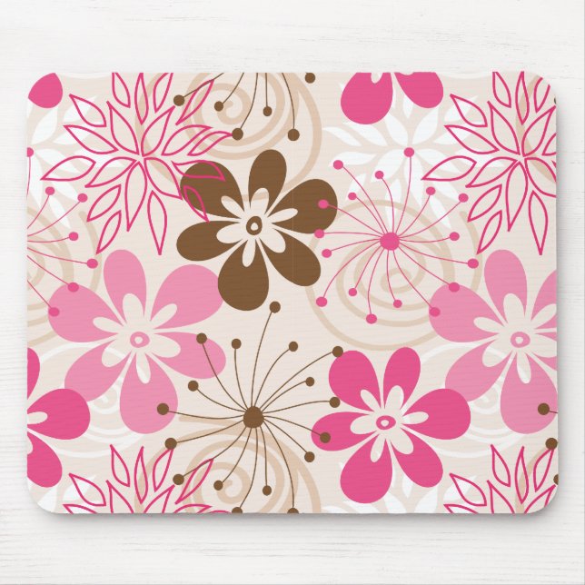 Tapis De Souris Fleurs printanières abstraites marron et rose (Devant)