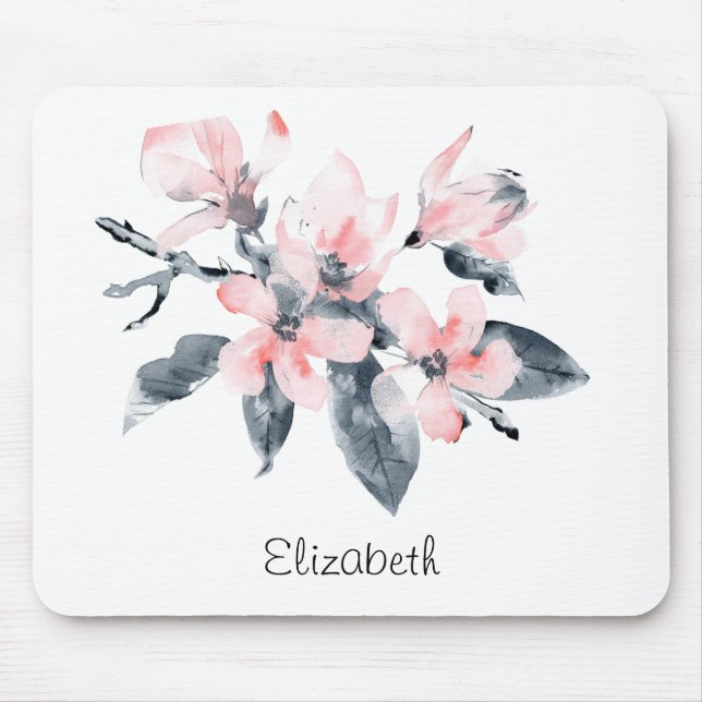 Tapis De Souris Fleurs rose et gris Aquarelle classique (Devant)