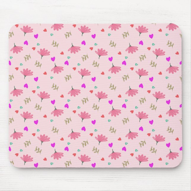 Tapis De Souris Fleurs Roses Avec Coeurs (Devant)