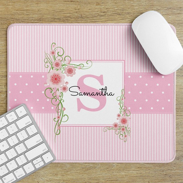 Tapis De Souris Fleurs roses et vertes et monogramme rayé (Créateur téléchargé)