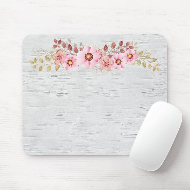 Tapis De Souris Fleurs Roses Sur Bouleau Blanc (Avec souris)