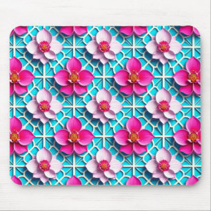 Tapis De Souris Fleurs roses sur fond bleu géométrique