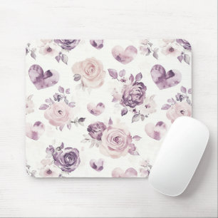 Tapis De Souris Fleurs roses violettes et cœurs
