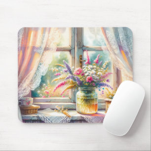 Tapis De Souris Fleurs sauvages à la fenêtre d'un cottage ensoleil