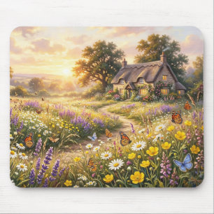 Tapis De Souris Fleurs sauvages et un cottage mignon