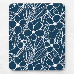 Tapis De Souris Fleurs tropicales bleu foncé et blanc