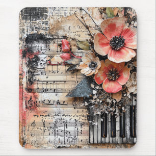 Tapis De Souris Floral avec touches de piano rustique et feuille d