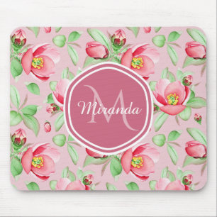 Tapis De Souris Floral De Fleur De Pomme Rose Douce Avec Monogramm