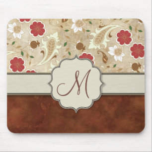 Tapis De Souris Floral d'or, de rouge et de blanc sur le monogramm
