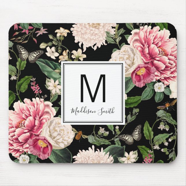Tapis De Souris Floral Flower Garden Ajouter Votre Nom Noir (Devant)