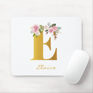 Tapis De Souris Floral Monogramme Faux Gold Nom Initial Personnali