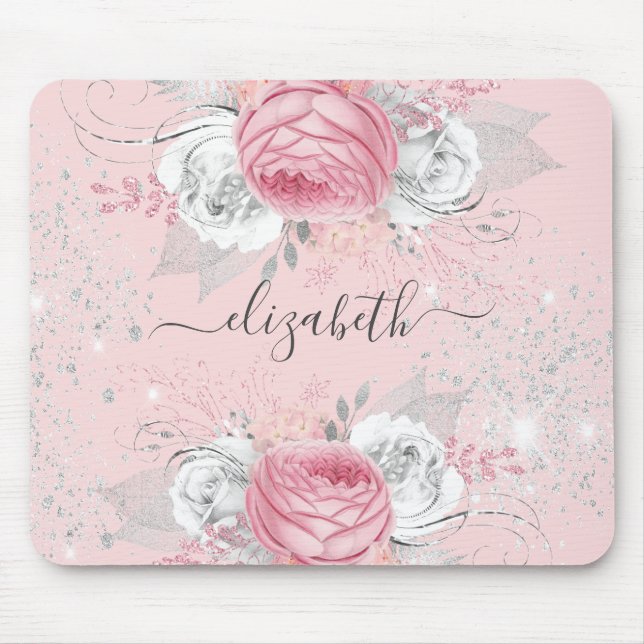 Tapis De Souris Floral rose rose argent feuillage monogramme éléga (Devant)
